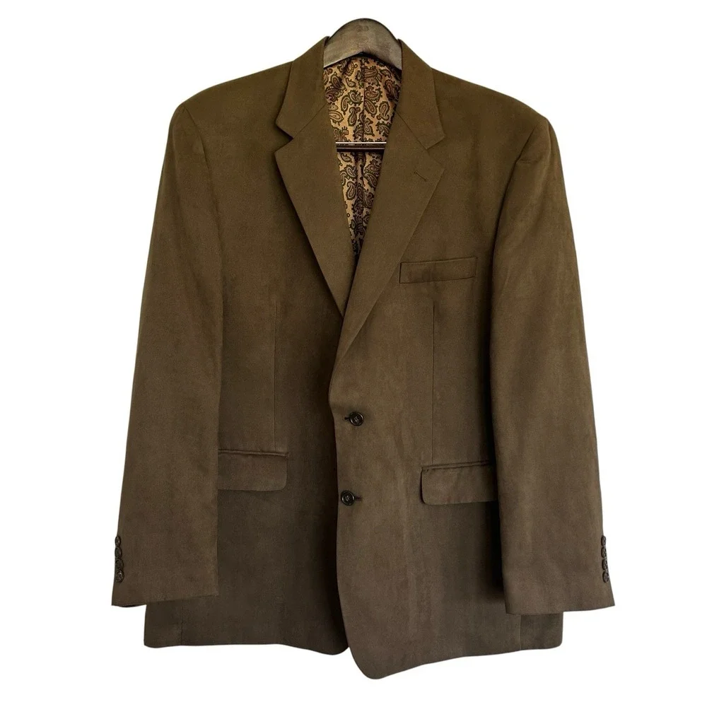 Lauren Ralph Lauren Faux Suede Blazer 46R Taupe Brown Paisley Lined Sport Coat